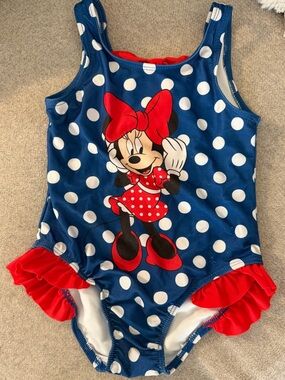 Disney Girls Polka Dot One-Piece Swimsuit - Blue, White & Red Bow